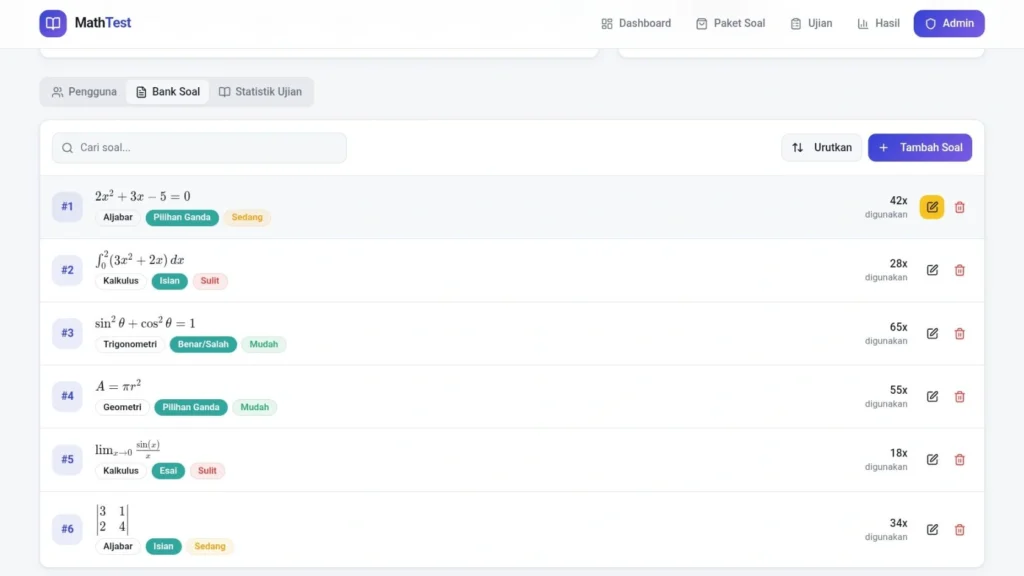 Manajemen Soal Fleksibel dari Admin Panel - Jasa Pembuatan Aplikasi Tes Matematika