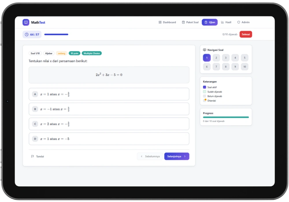 Jasa Pembuatan Aplikasi Tes Matematika Support Rumus Kompleks & LaTeX - Mockup Sistem